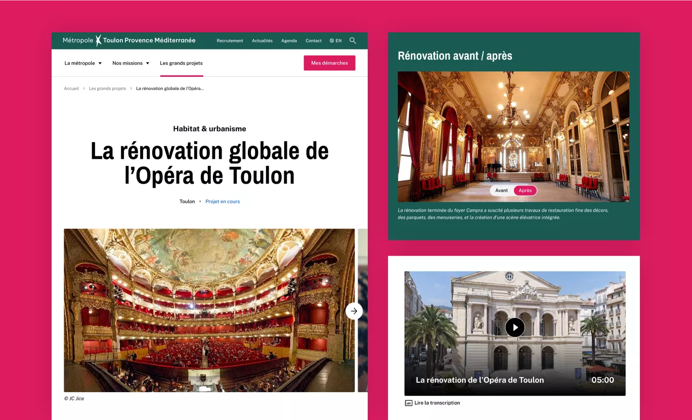 Présentation des différents modules de gestion des médias de la Métropole Toulon Provence Méditerranée : Carrousel d'images, images avant/après et vidéo.